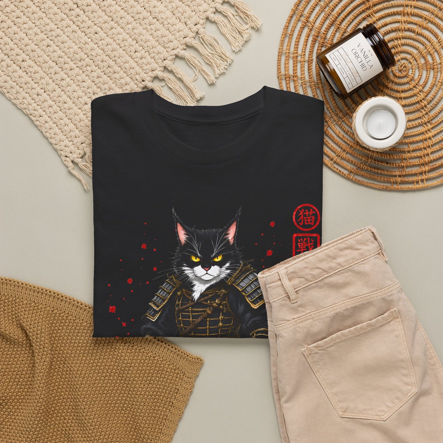 Samurai Cat T-Shirt – Japanese Warrior Cat Graphic Tee, Anime Samurai Cat Shirt, Japanese Streetwear Gift - 14913
