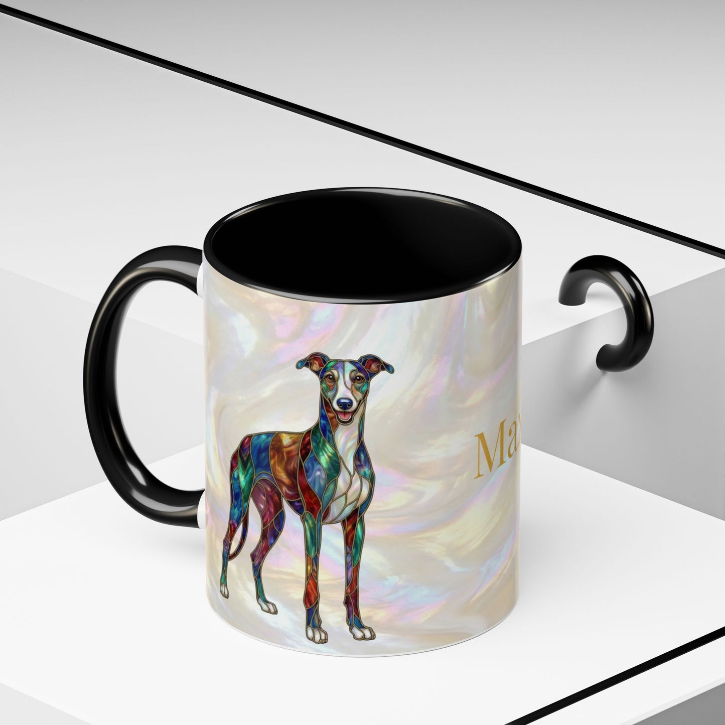 Personalized Greyhound Coffee Mug – Stained Glass Dog Accent Mug (Name Customizable)  - 14523