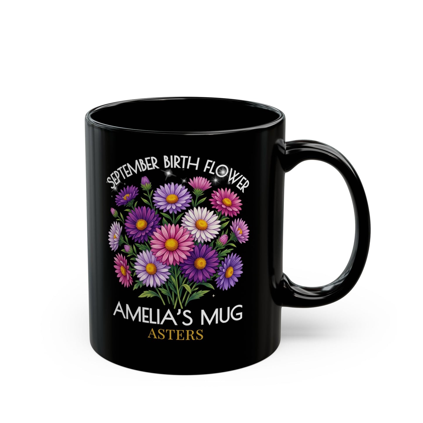 Personalized September Birth Flower Mug — Custom Name Aster Black Coffee Cup (11oz/15oz) - 14918