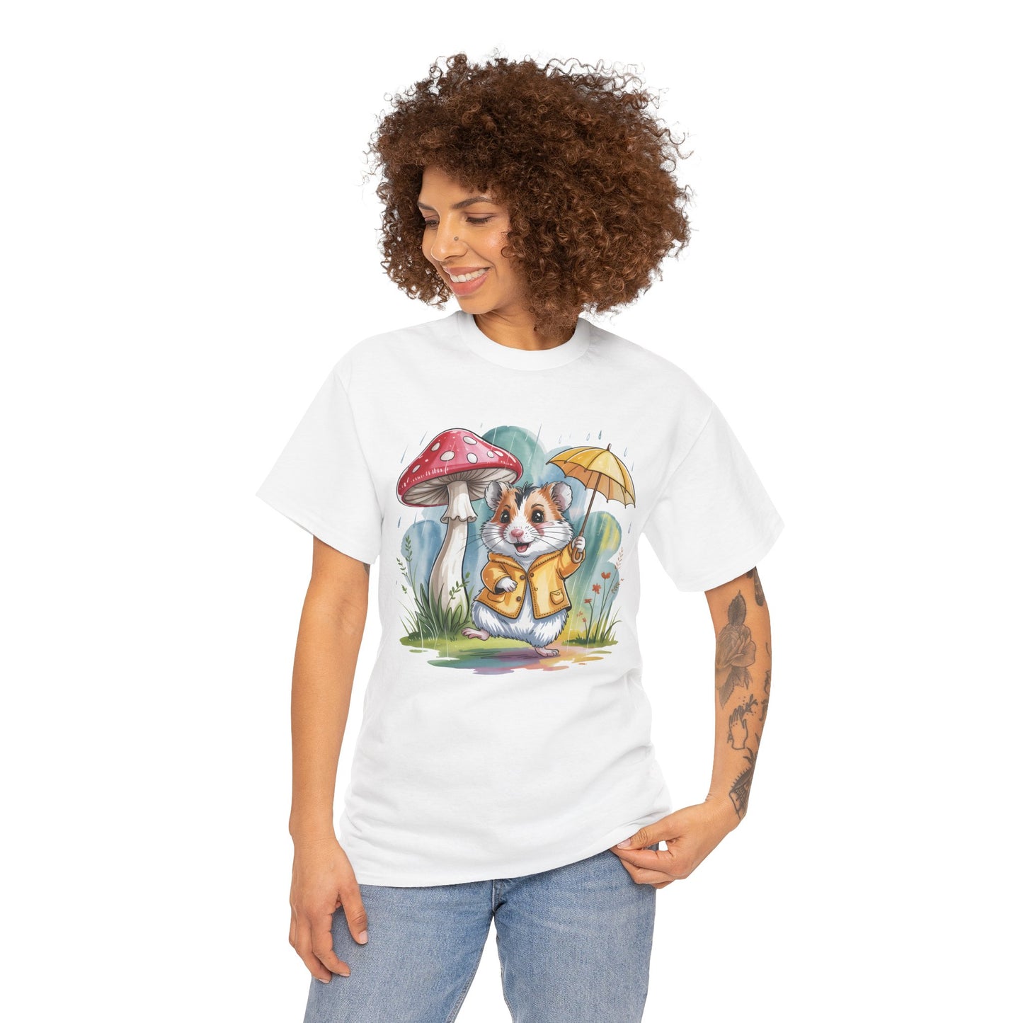 Cute Hamster T-Shirt – Raincoat Umbrella Animal Tee Watercolor Mushroom Gift - 14853
