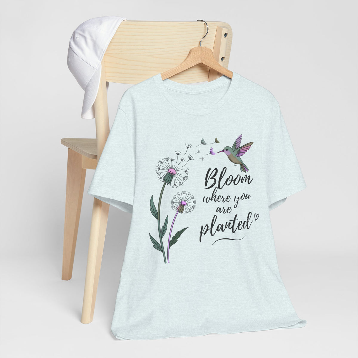 Bloom Where You Are Planted T-Shirt, Hummingbird & Dandelion Floral Graphic Tee - 14927