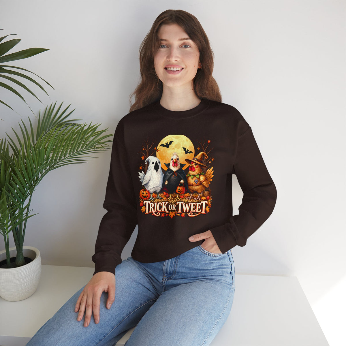 Trick or Tweet Halloween Sweatshirt, Cute Costume Chickens & Ghost Crewneck- 14512