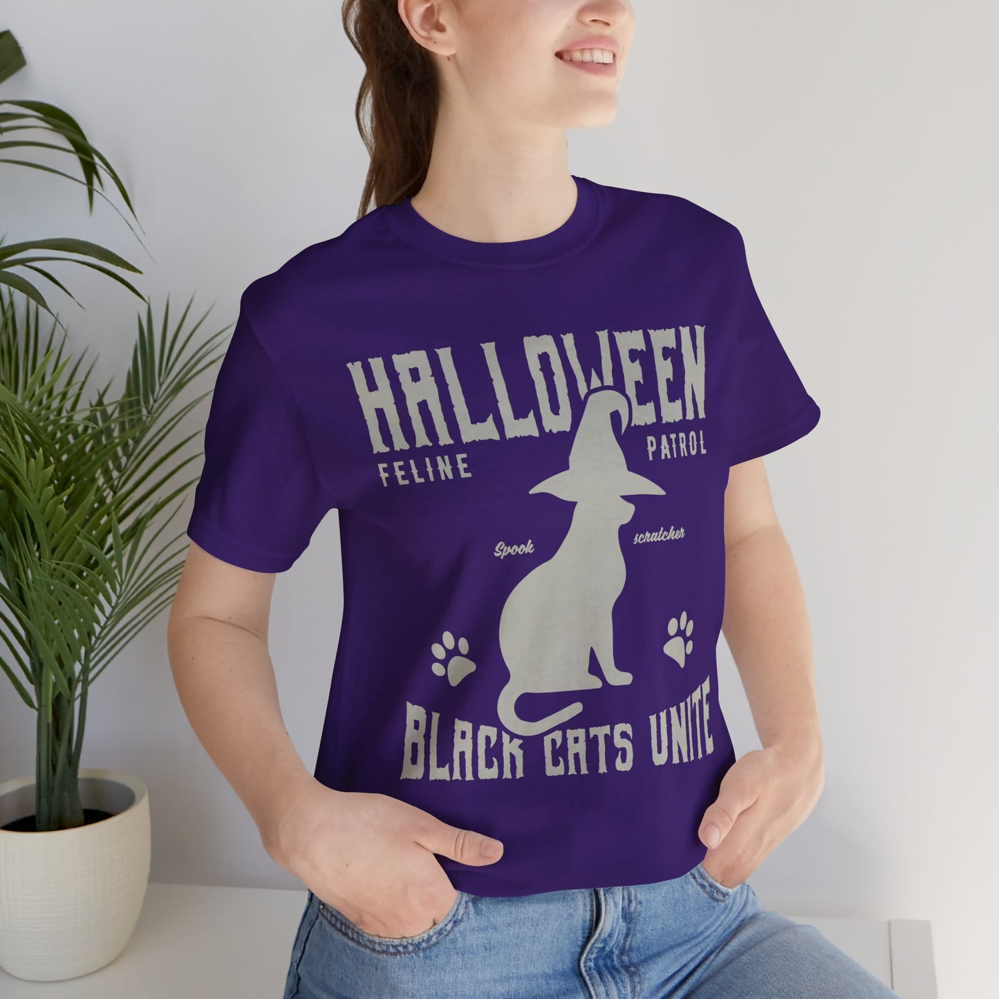 Halloween Feline Patrol, Spook Scratcher, Black Cats Unite  - Unisex Jersey Short Sleeve Tee - 12928