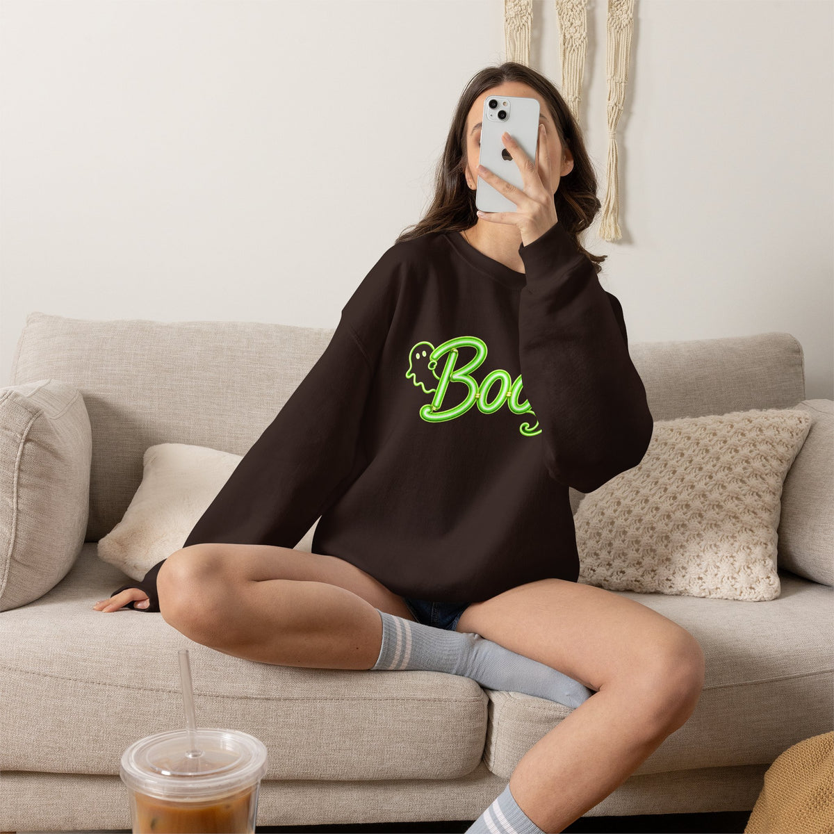 Neon Boo Halloween Sweatshirt, Cute Ghost Crewneck - 14517