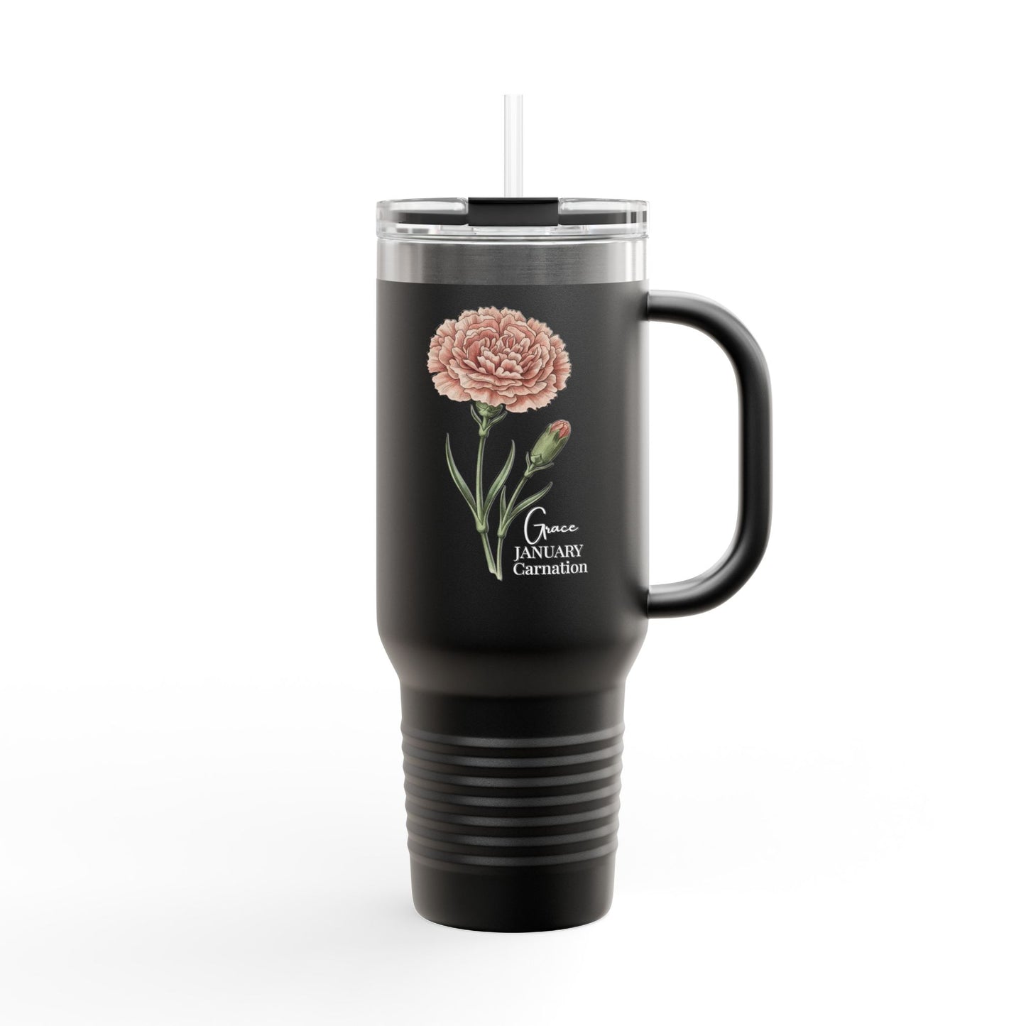 Carnation Floral Tumbler (Expressive) – January Birth Flower Gift | 40oz Insulated Travel Mug, Customizable — 14691
