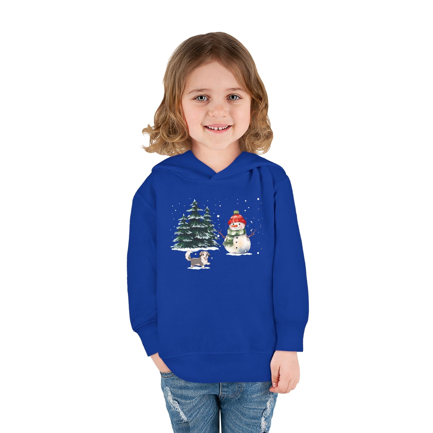 Winter Trees, Snowman & Puppy - Toddler Pullover Fleece Hoodie - 10270