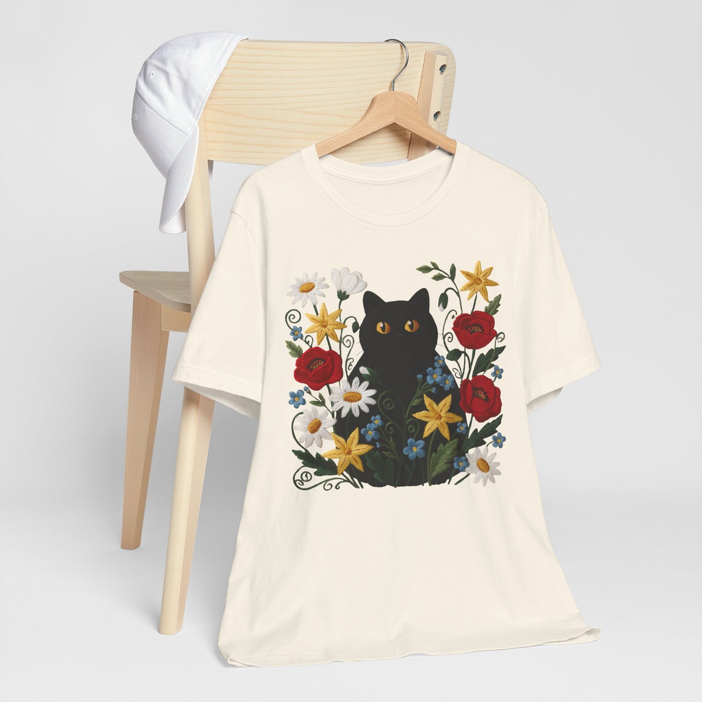 Black Cat in Wildflowers T-Shirt — Floral Cat Tee for Cat Lovers - 14921
