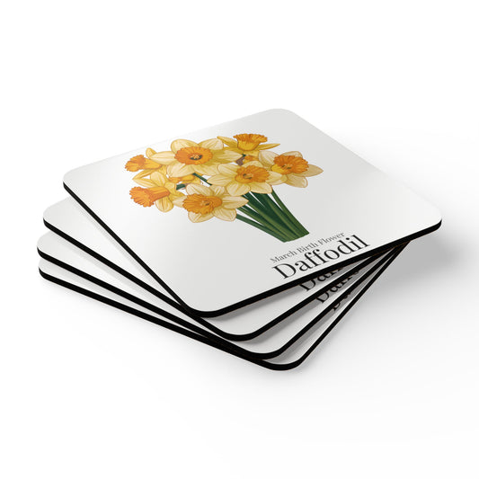 March Birth Flower Daffodil Coaster Set – Personalized Name Cork Gift for March Birthday - 14695