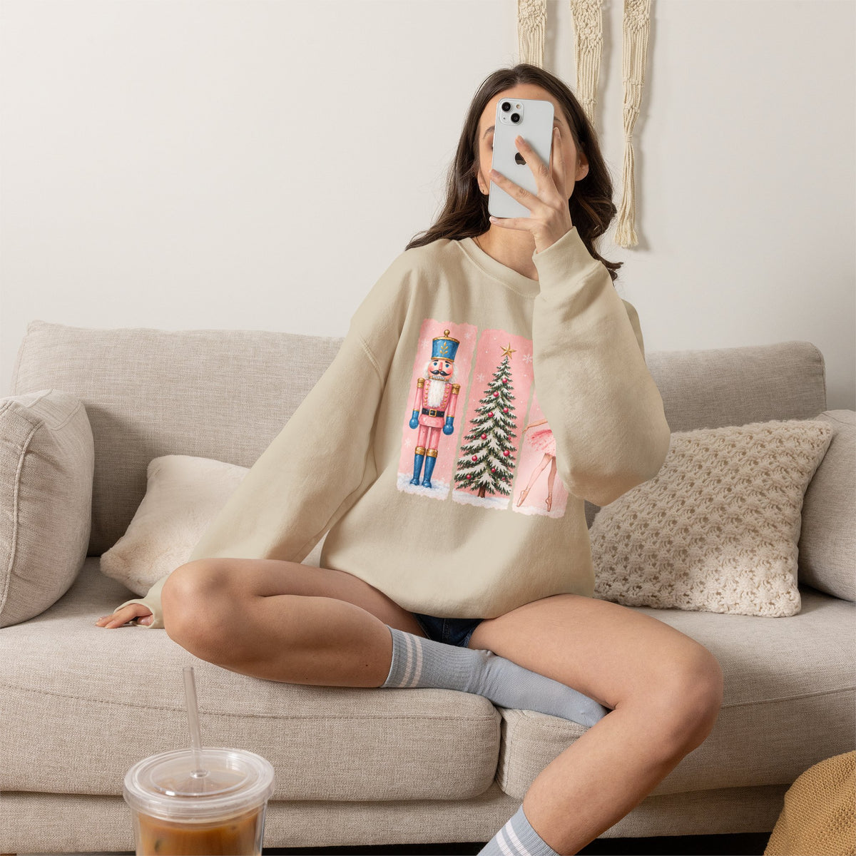 Christmas Nutcracker & Ballerina Sweatshirt, Vintage Pink Holiday Crewneck - 14568