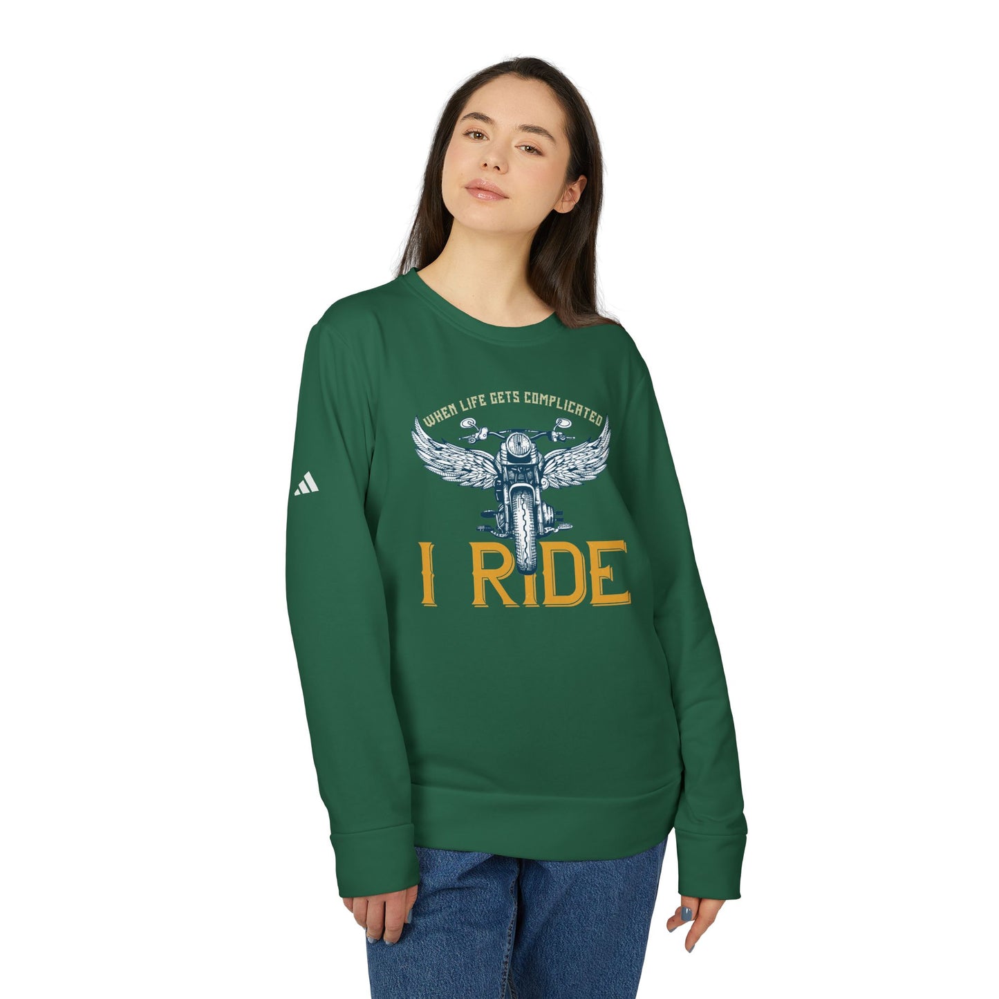 When Life Gets Complicated, I Ride - adidas Unisex Fleece Crewneck Sweatshirt - 14098
