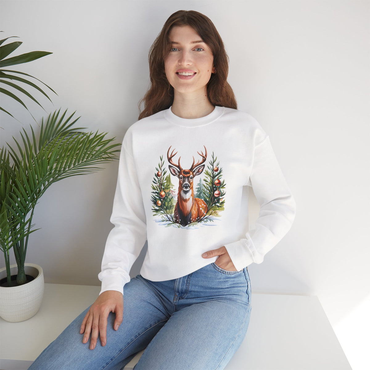 Christmas Deer Sweatshirt, Vintage Woodland Holiday Crewneck - 14562