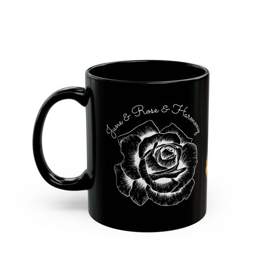Happy Birthday, June, Rose, Customizable - Ceramic Black Mug (11oz, 15oz) - 10442