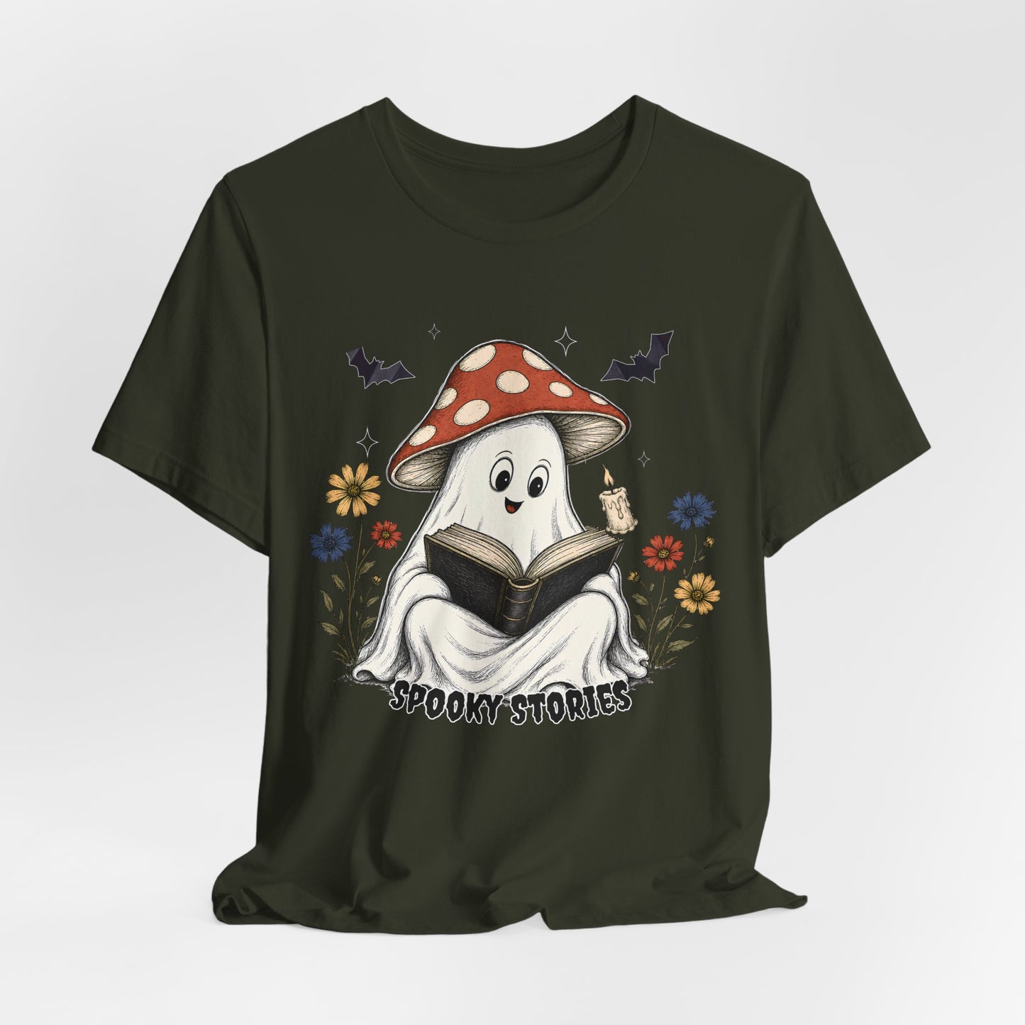Spooky Stories Ghost T-Shirt, Cute Mushroom Ghost Reading Shirt for Halloween - 14970