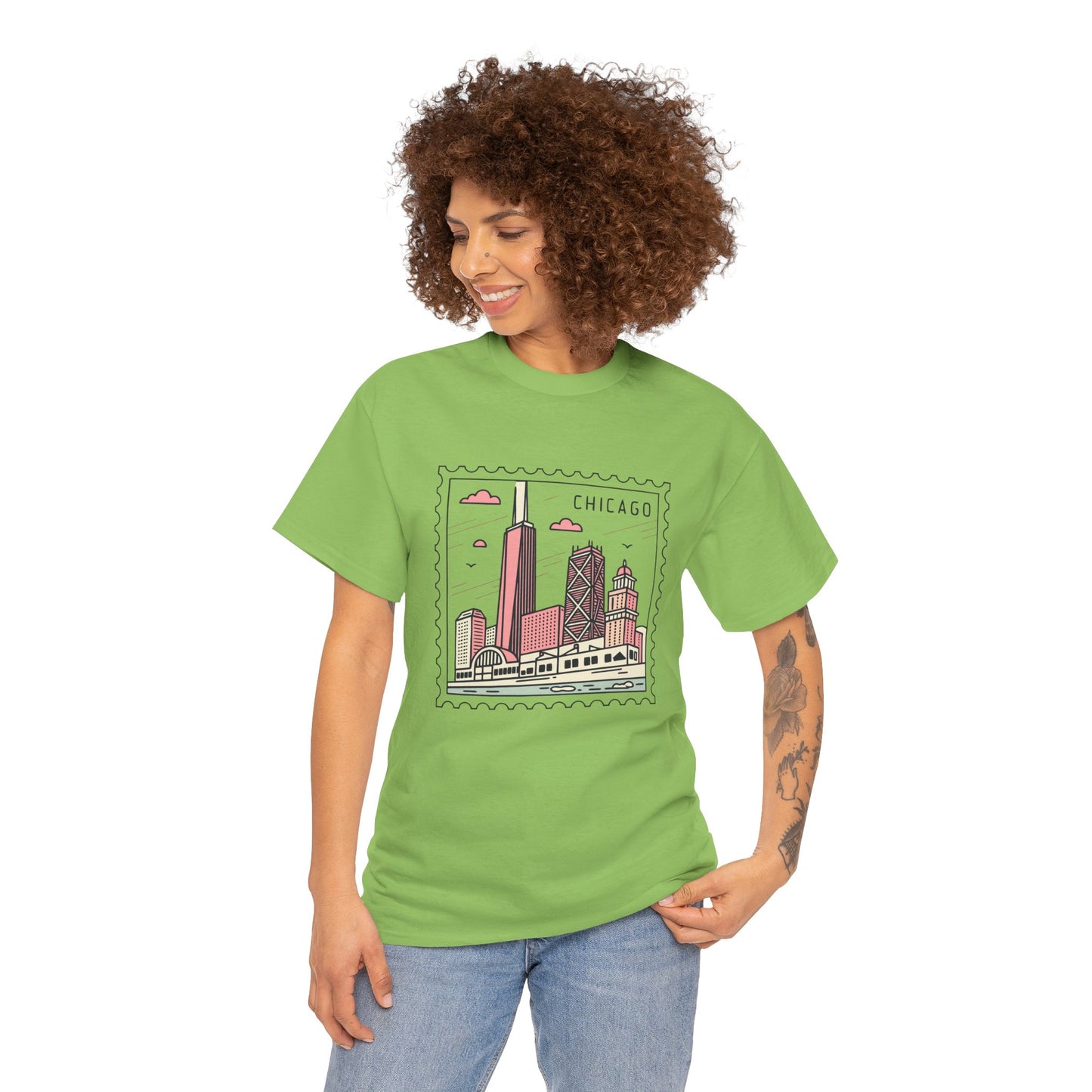 Chicago Skyline Postage Stamp Unisex Heavy Cotton Tee - 12130