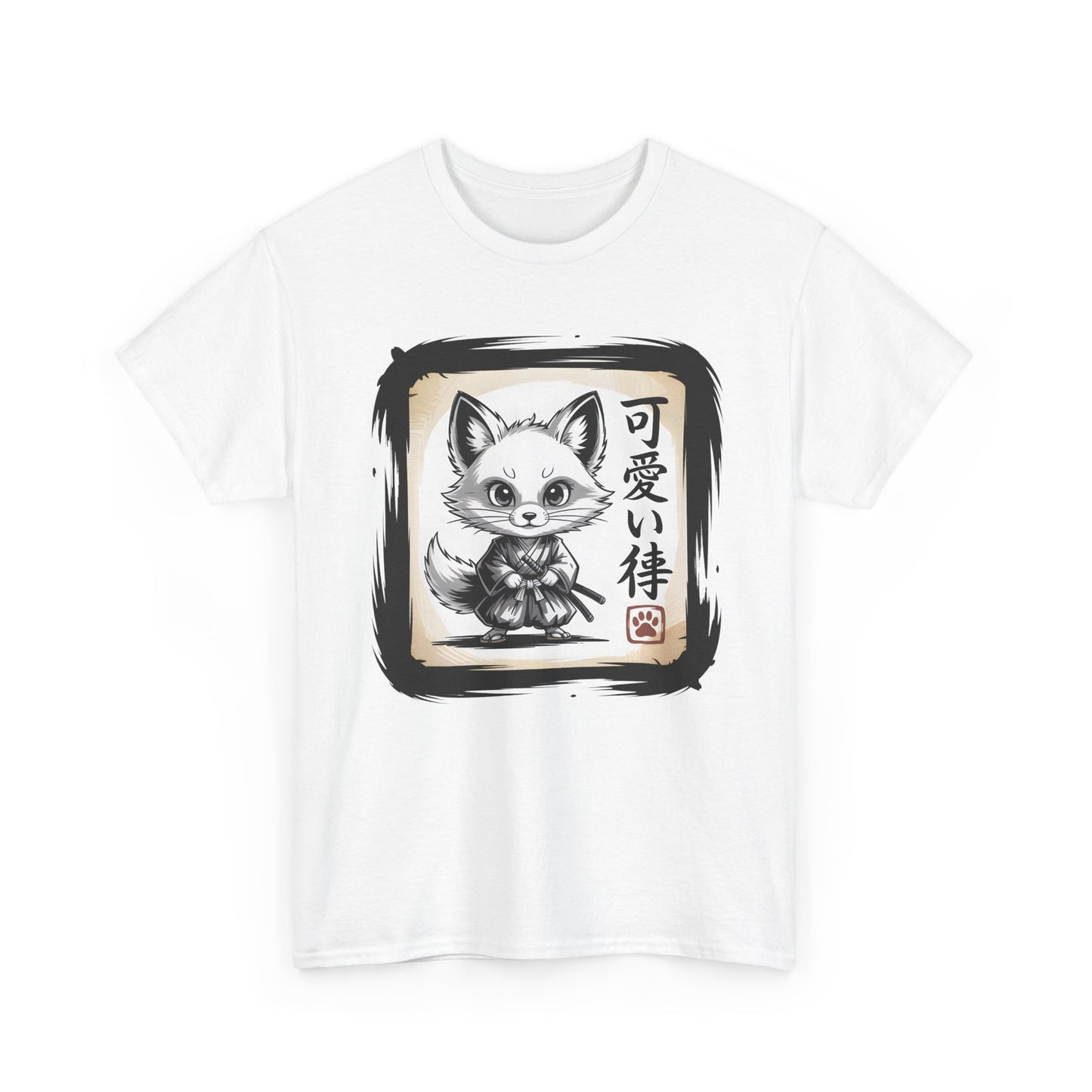Fox Spirit Tee – Kawaii Fox Samurai with Japanese Calligraphy T-Shirt - 14911