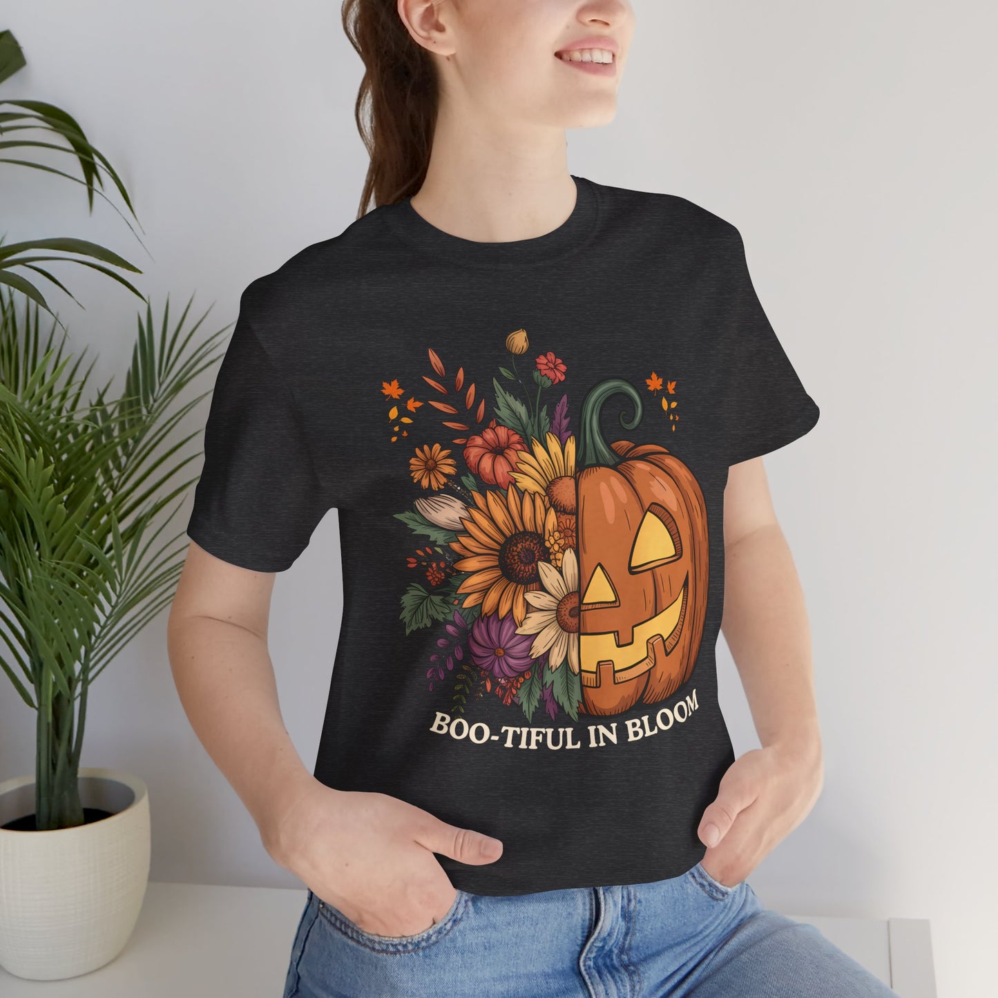 Boo-tiful in Bloom Halloween Pumpkin Floral T-Shirt — Fall Graphic Tee - 14925
