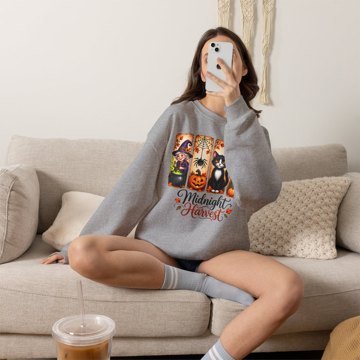 Midnight Harvest Halloween Sweatshirt, Witch, Black Cat, Pumpkins & Spooky Fall Crewneck - 14514