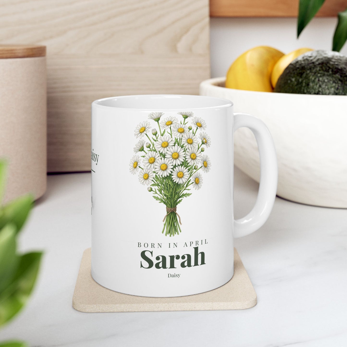 Personalized April Daisy Birth Flower Mug – Custom Name Floral Coffee Cup, "Pure Bright Loyal" Birthday Gift (11oz, 15oz)  - 14832