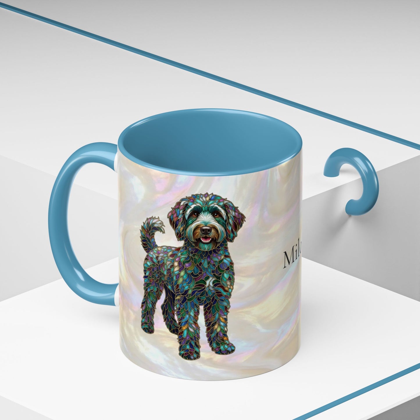 Personalized Labradoodle Dog Mug — Custom Name Accent Coffee Mug (11/15 oz) with Stained Glass Art - 14526