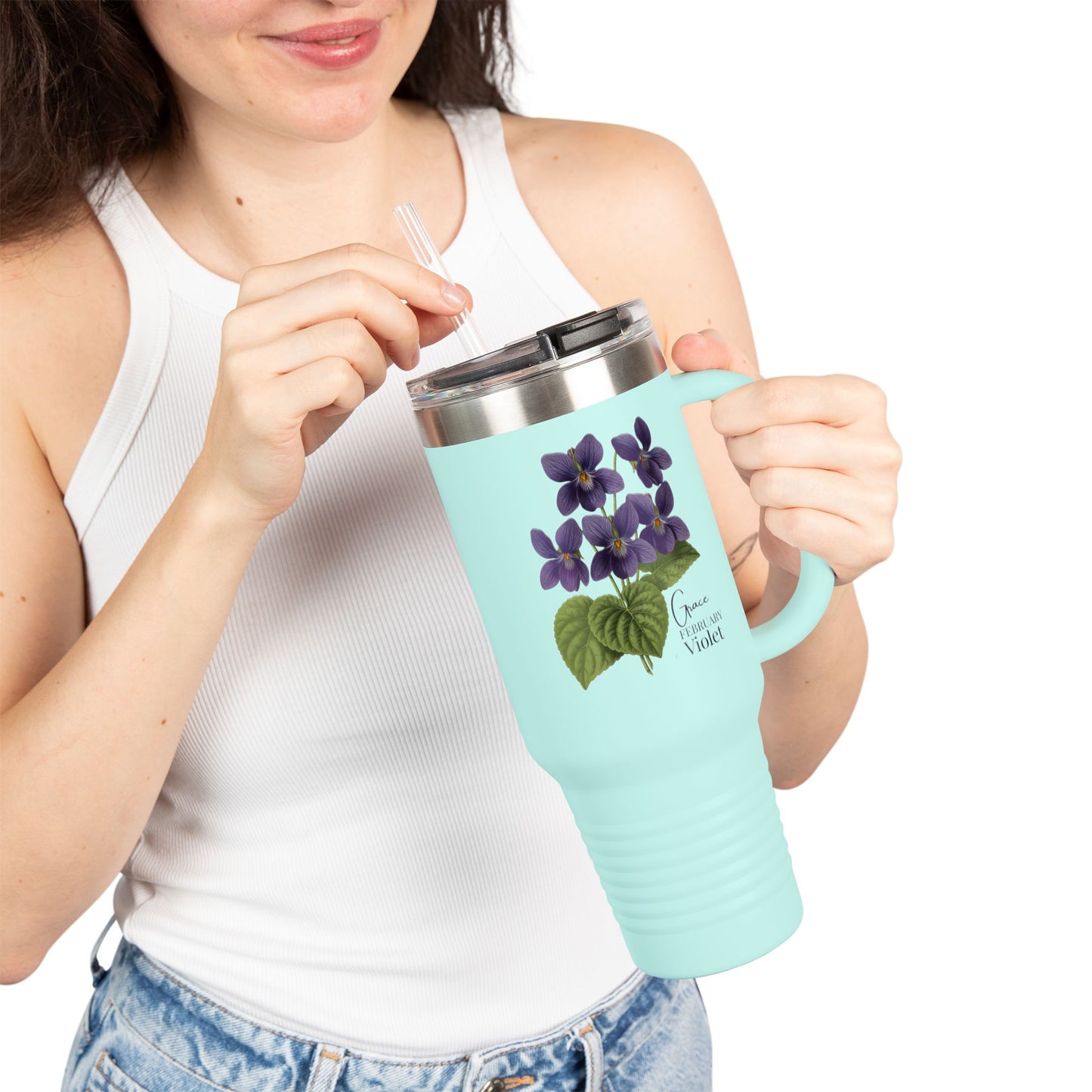 Violet Floral Tumbler – February Birth Flower Gift | 40oz Insulated Travel Mug, Customizable — 14688