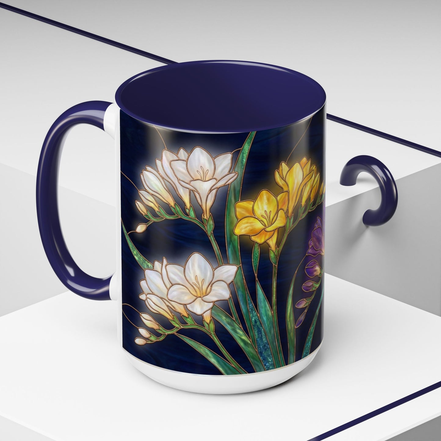 Freesia Floral Accent Coffee Mug — Stained Glass Design (11/15 oz) - 14566