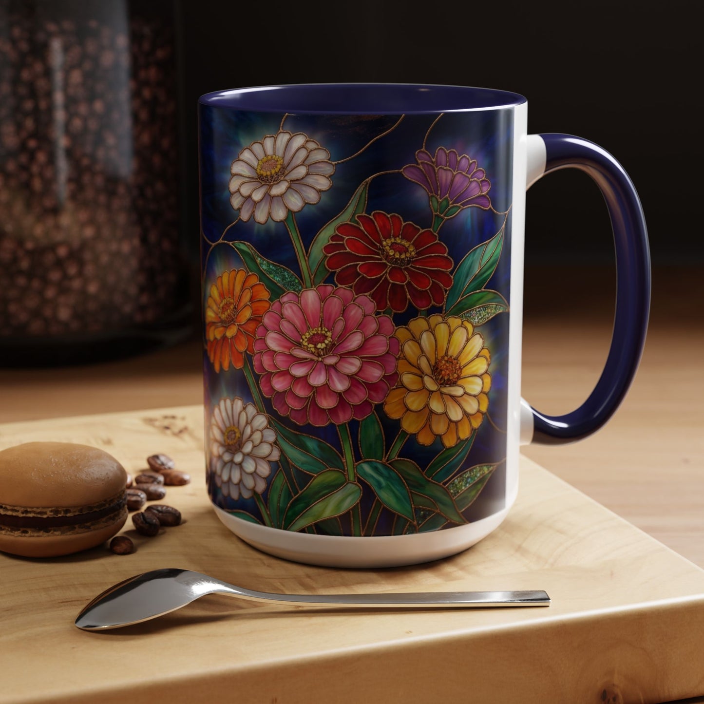 Zinnias Floral Accent Coffee Mug — Stained Glass Design 11/15oz - 14591