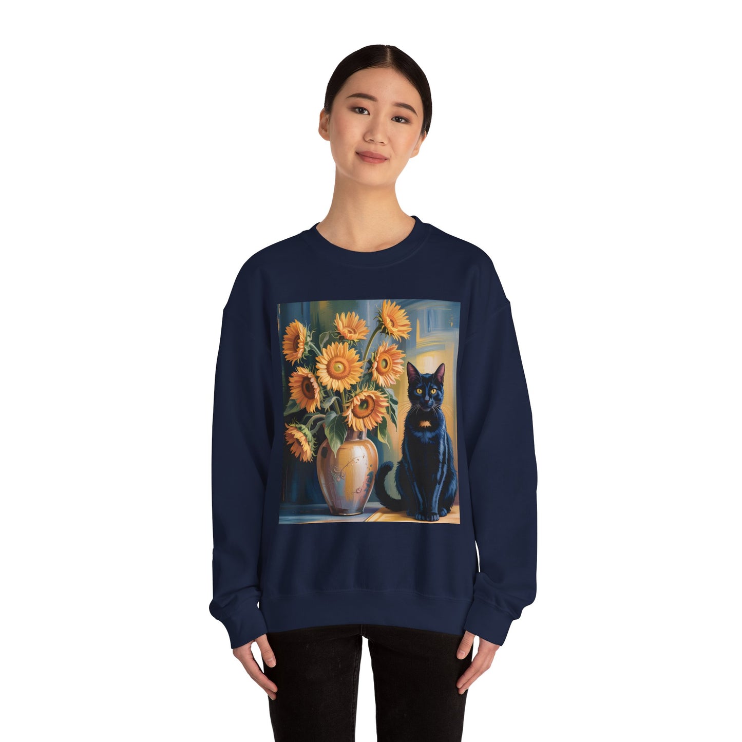 Van Gogh Style Black Cat & Sunflowers Sweatshirt – Art Lover Cozy Crewneck - 14766