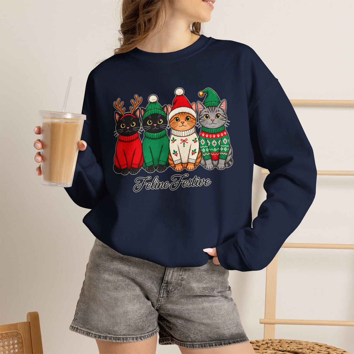 Feline Festive Sweatshirt, Cute Christmas Cats Crewneck - 14564