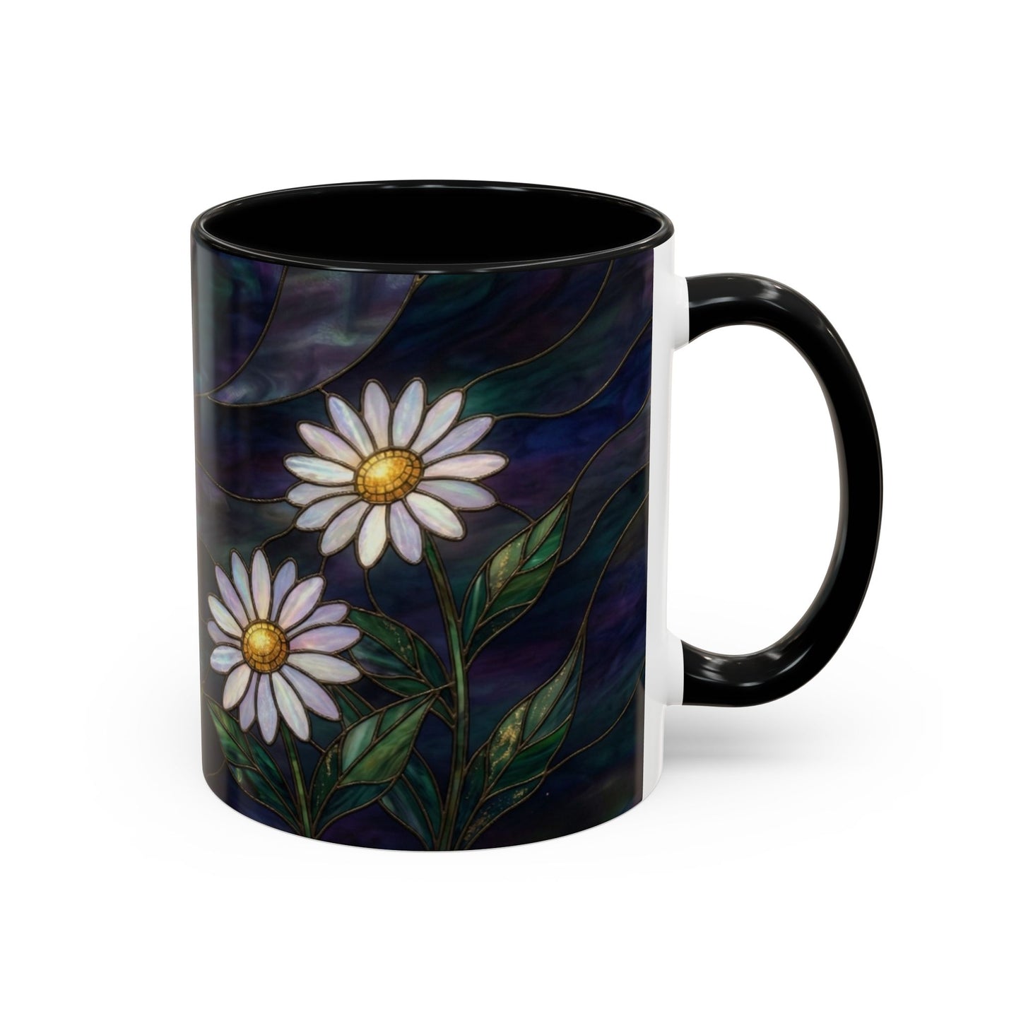 Daisy Stained Glass Accent Coffee Mug — White Daisies on Midnight (11/15oz) - 14535