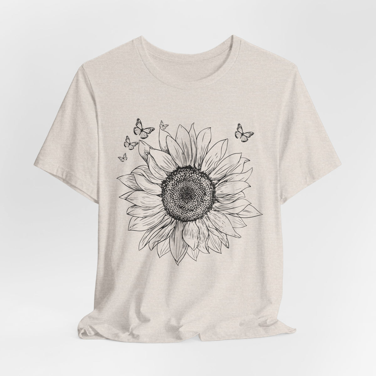 Sunflower Sketch T-Shirt, Vintage Botanical Sunflower & Butterfly Graphic Tee - 14982