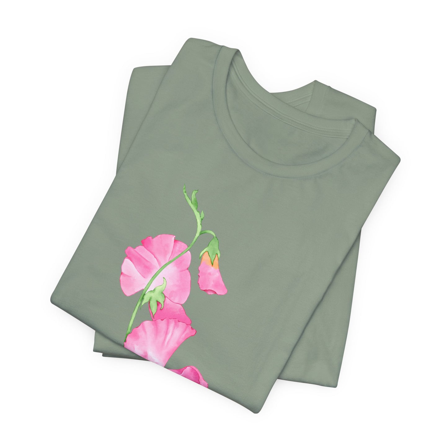 Sweet Pea Floral T-Shirt, Pink Watercolor Flower Graphic Tee - 14962