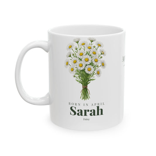 Personalized April Daisy Birth Flower Mug – Custom Name Floral Coffee Cup, "Pure Bright Loyal" Birthday Gift (11oz, 15oz)  - 14832