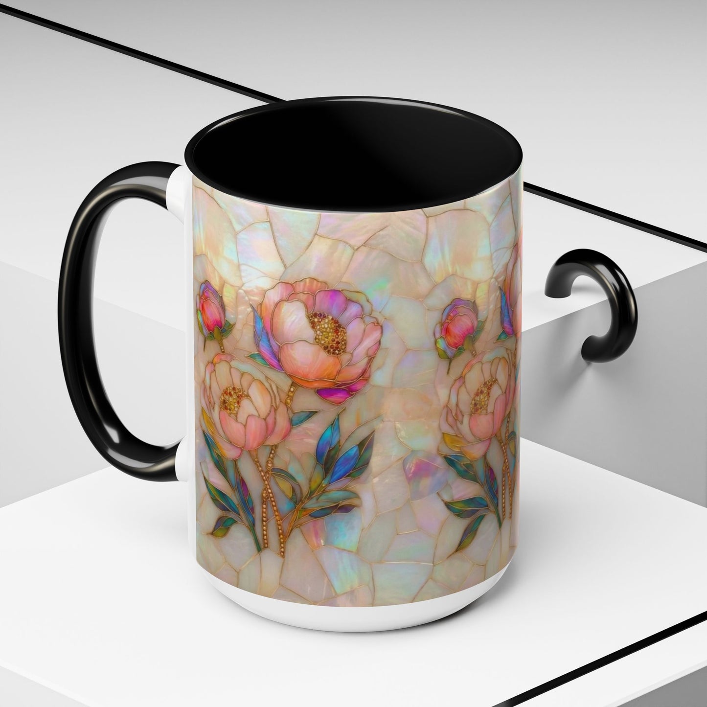 Peony Stained Glass Accent Coffee Mug – Floral Art 11/15oz - 14519