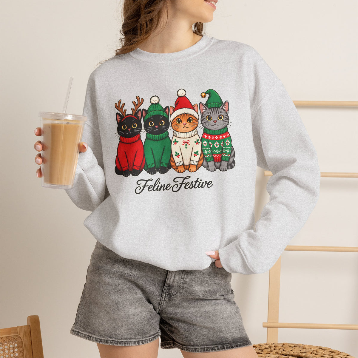 Feline Festive Sweatshirt, Cute Christmas Cats Crewneck - 14564