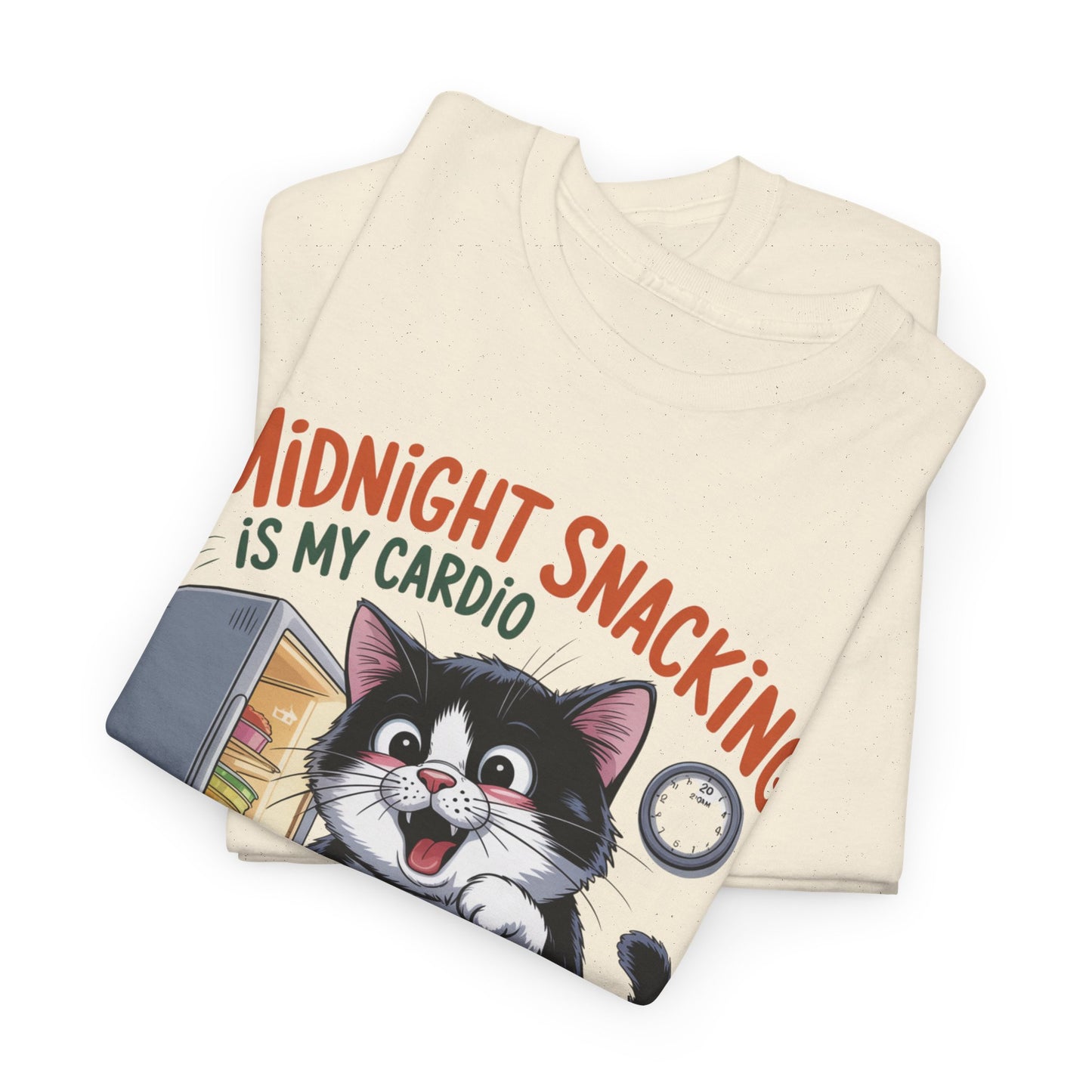 Midnight Snacking Is My Cardio T-Shirt — Funny Cat Graphic Tee, Cute Food Lover Gift - 14865