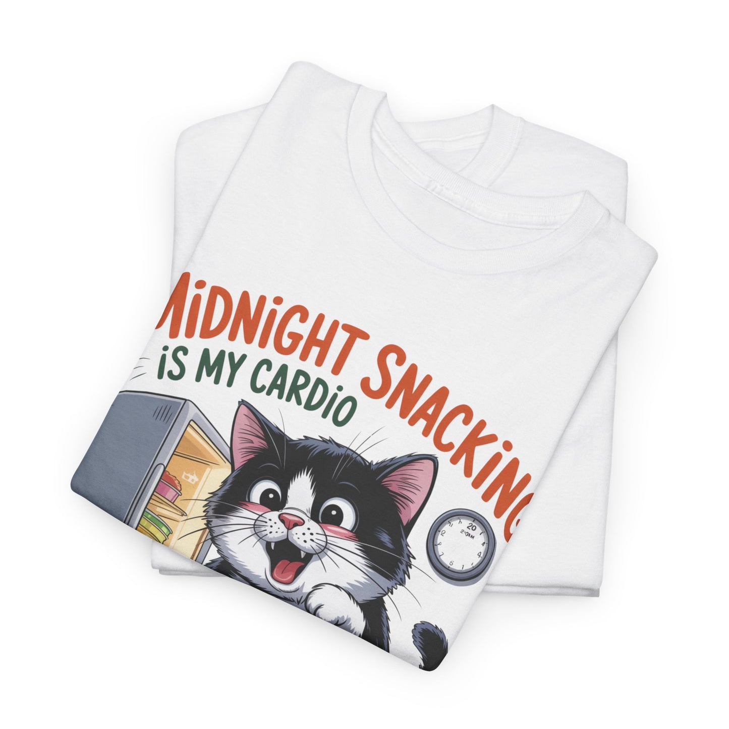 Midnight Snacking Is My Cardio T-Shirt — Funny Cat Graphic Tee, Cute Food Lover Gift - 14865