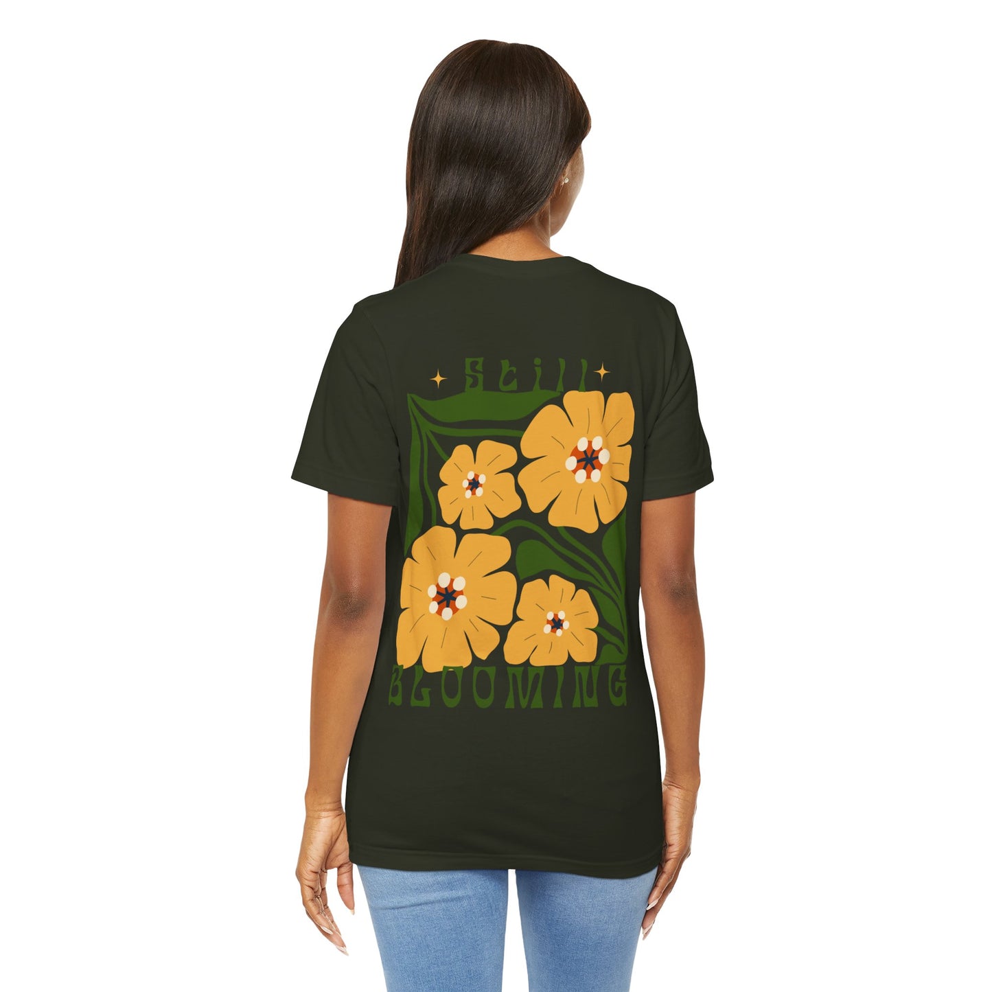 Still Blooming Floral T-Shirt, Retro Yellow Flower Graphic Tee  - 14957