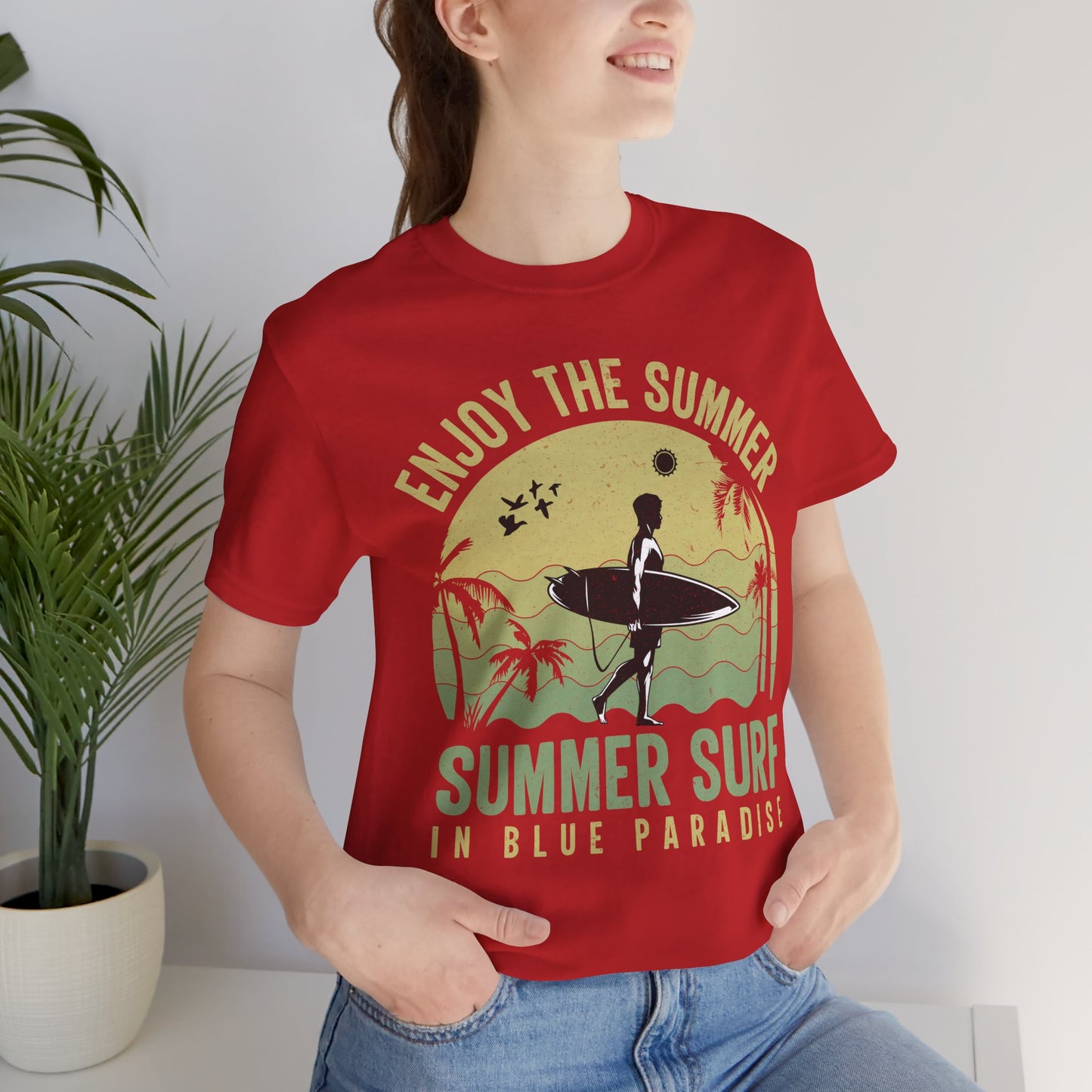 Enjoy The Summer, Summer Surf In Blue Paradise - Unisex Jersey Short Sleeve Tee - 13246