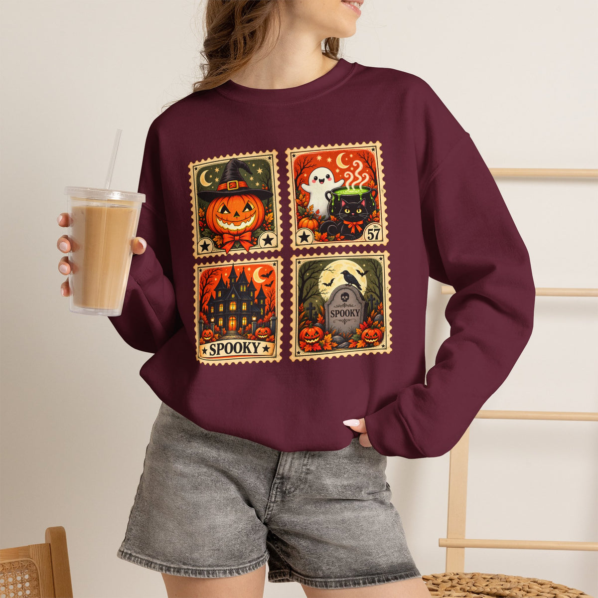 Vintage Halloween Stamp Sweatshirt, Spooky Pumpkin & Ghost Crewneck - 14510