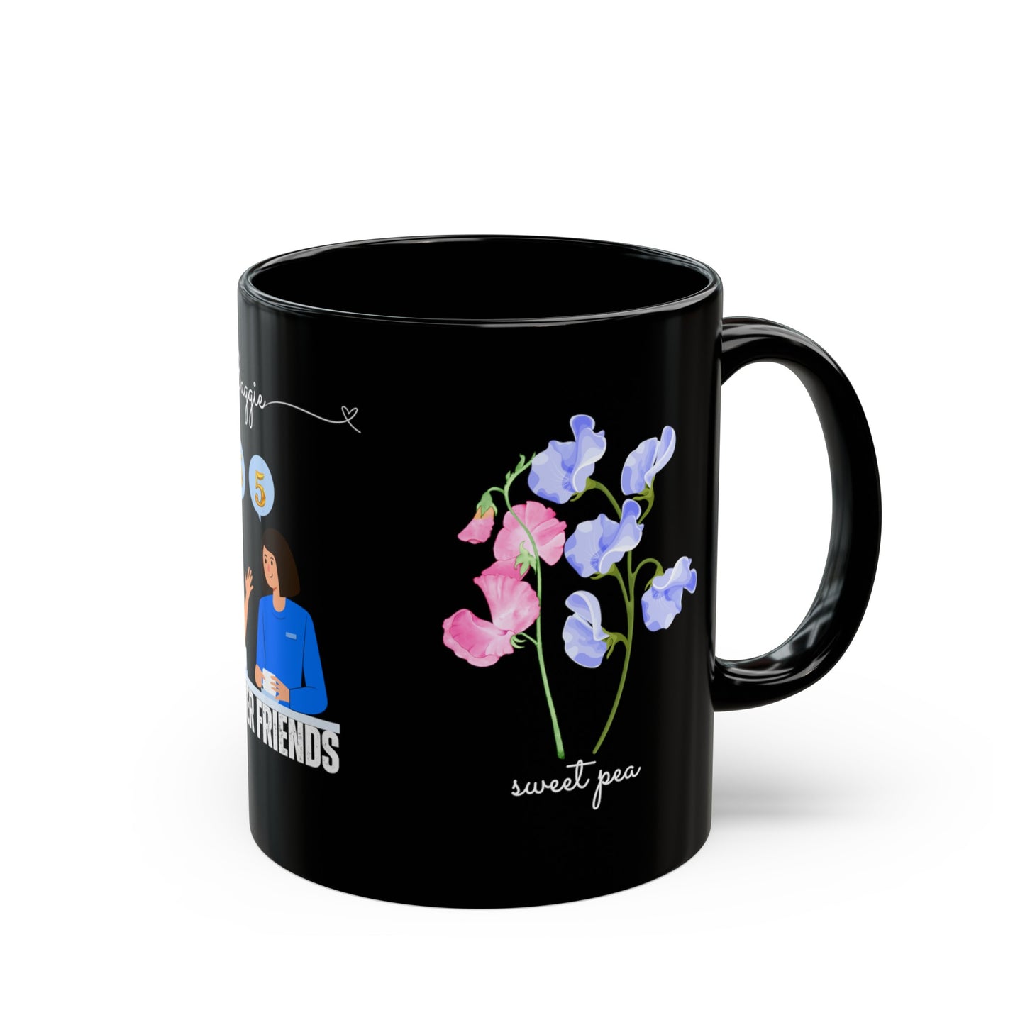 Happy Birthday April Mug - Featuring Daisy and Sweet Pea, Customized Ceramic Black Mug (11oz, 15oz)