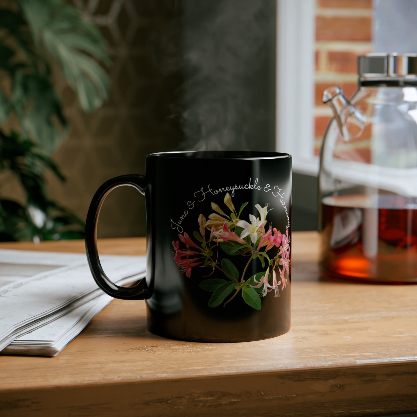 Happy Birthday, June, Honeysuckle, Customized Ceramic Black Mug (11oz, 15oz)