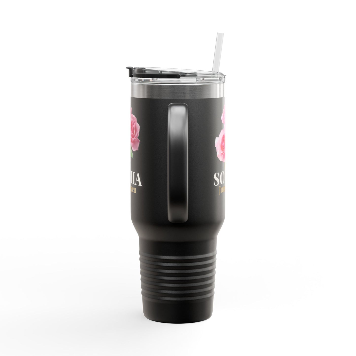 Personalized June Queen 40oz Travel Mug – Custom Name Floral Insulated Tumbler Gift for Her - 14903