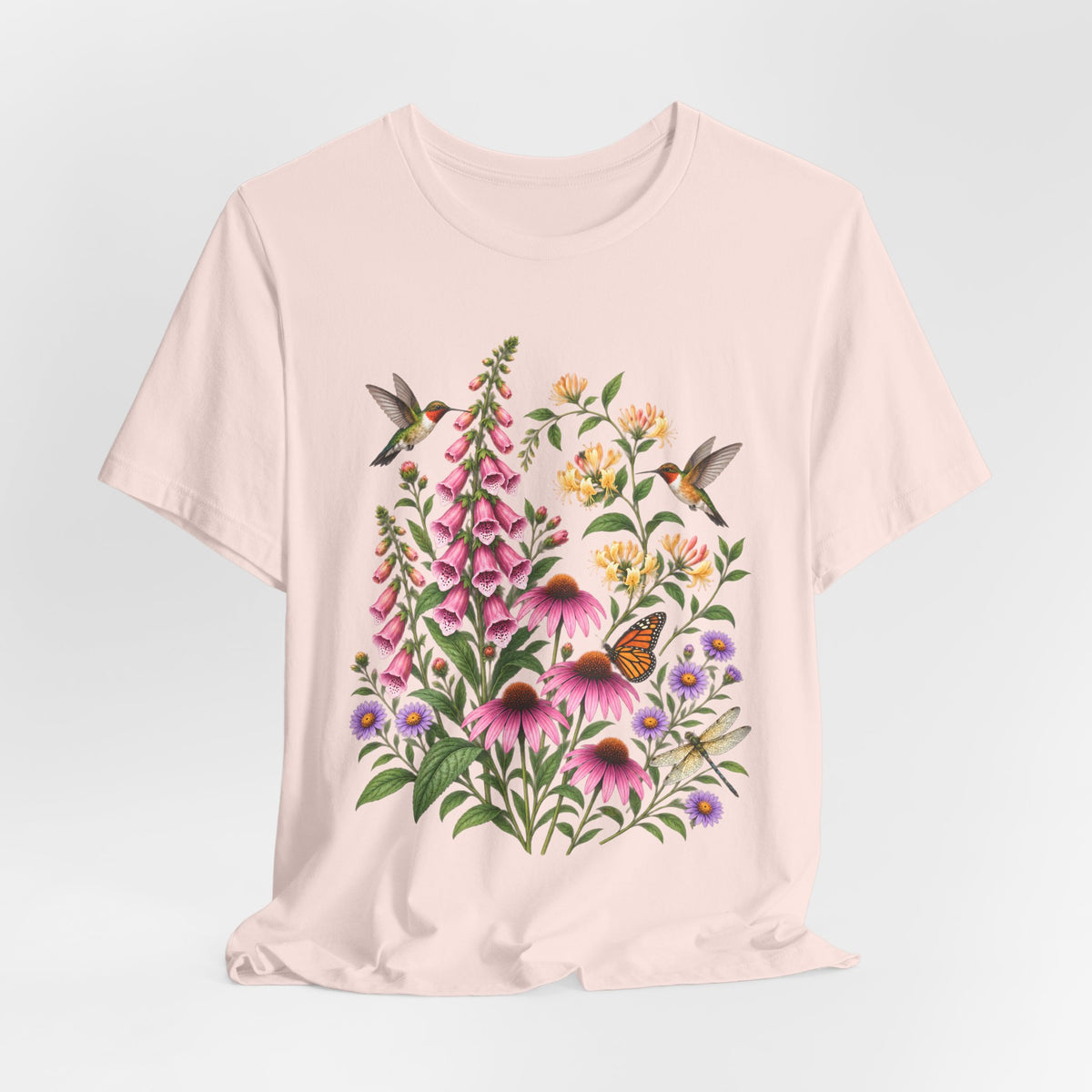 Floral Hummingbird Garden T-Shirt, Wildflower & Butterfly Botanical Tee - 14547