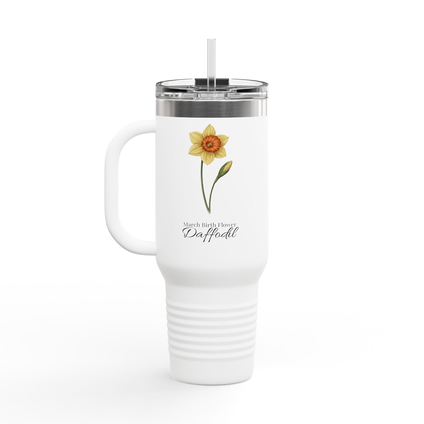 March Birth Flower Daffodil 40oz Insulated Travel Mug – Single Elegant Floral Birthday Gift Tumbler - 14818