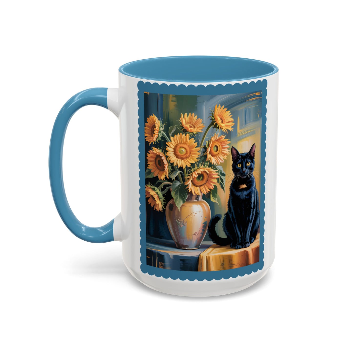 Van Gogh Style Black Cat & Sunflowers Accent Mug – Art Lover Coffee Cup (11oz / 15oz) - 14765