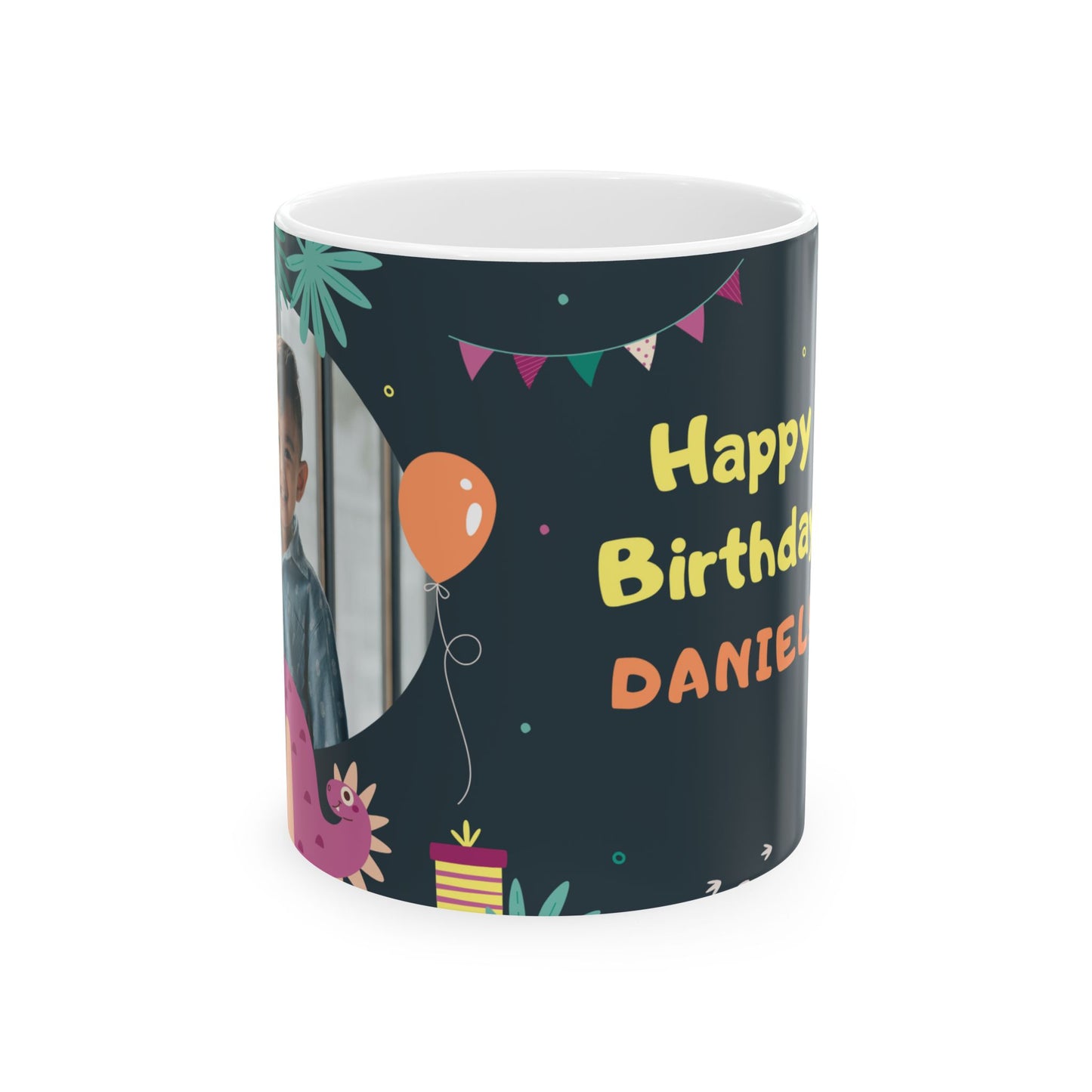 Happy Birthday, Dinosaur Lover, Photo & Name Customizable - Ceramic Mug, (11oz, 15oz) - 11238
