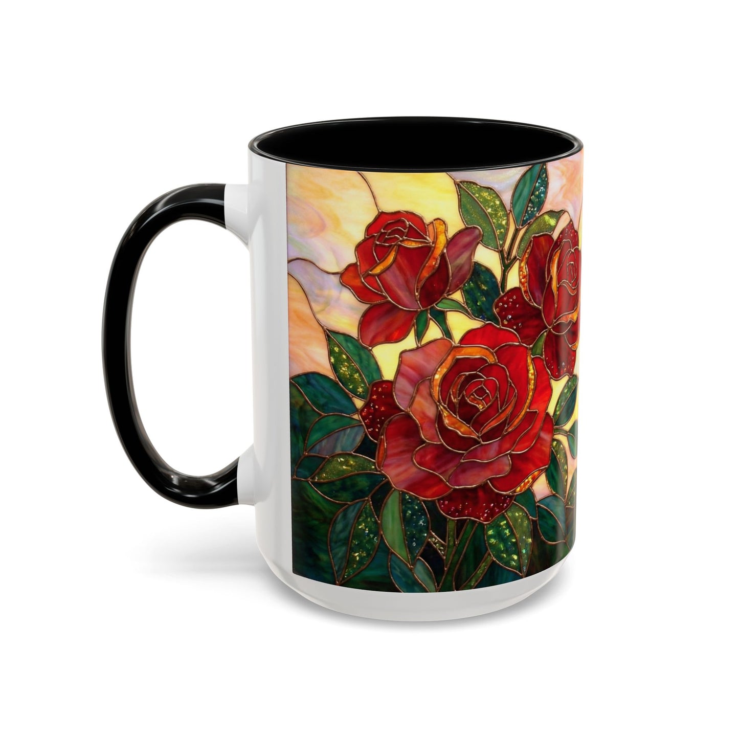 Rose Stained Glass Accent Coffee Mug – Red Roses Floral 11/15oz - 14539