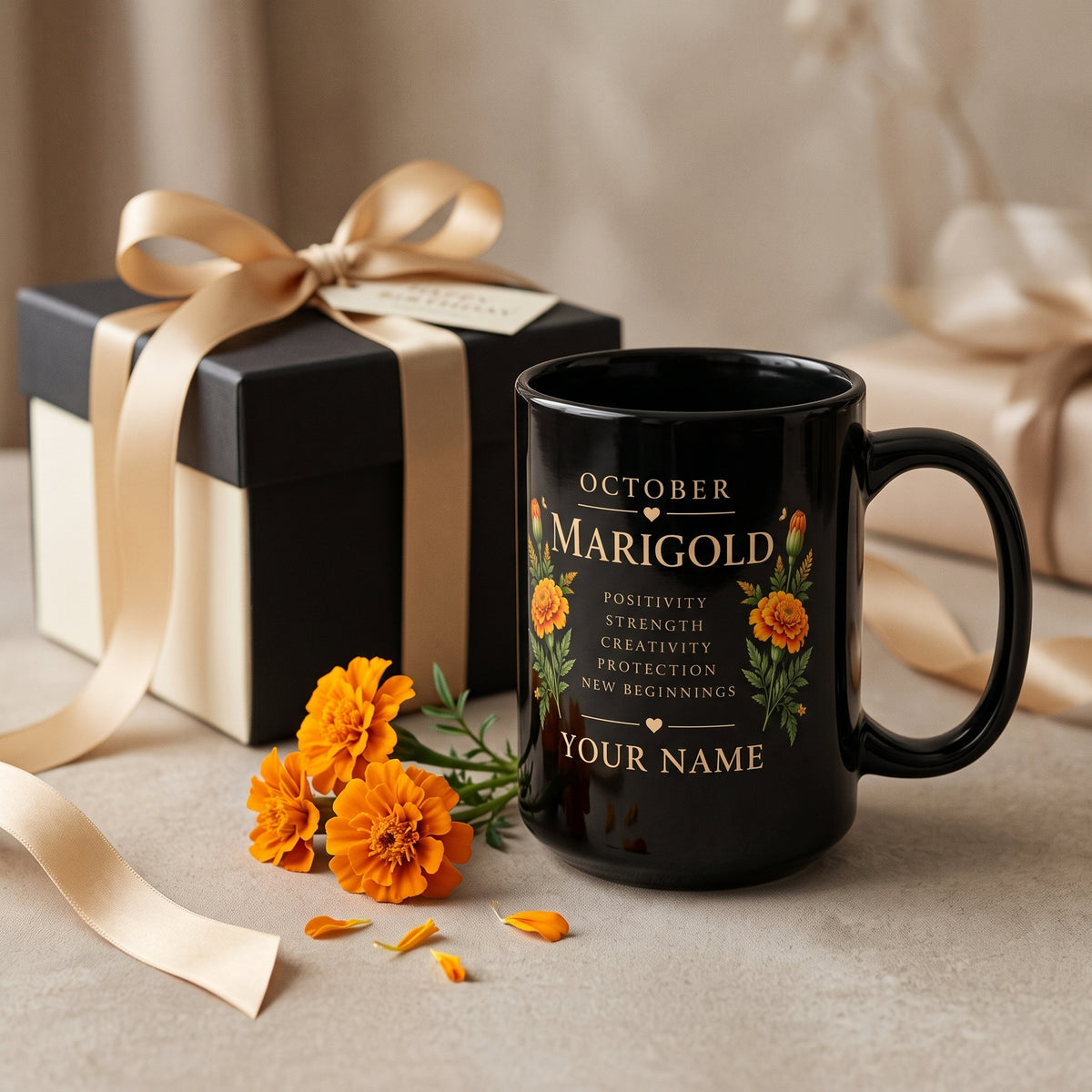 Personalized October Marigold Black Mug, Custom Name Birth Flower Coffee Cup - 14977