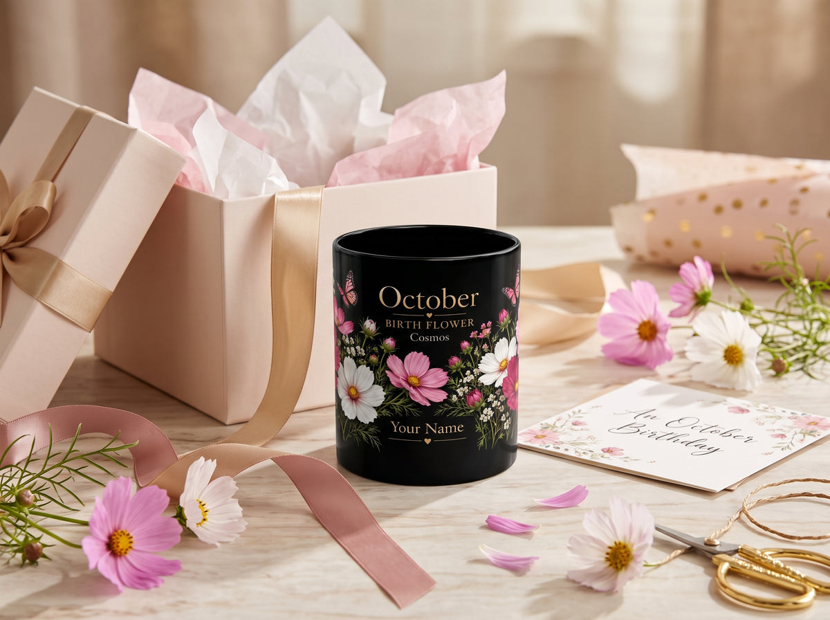 October Birth Flower Mug, Personalized Cosmos Black Coffee Cup - 14980