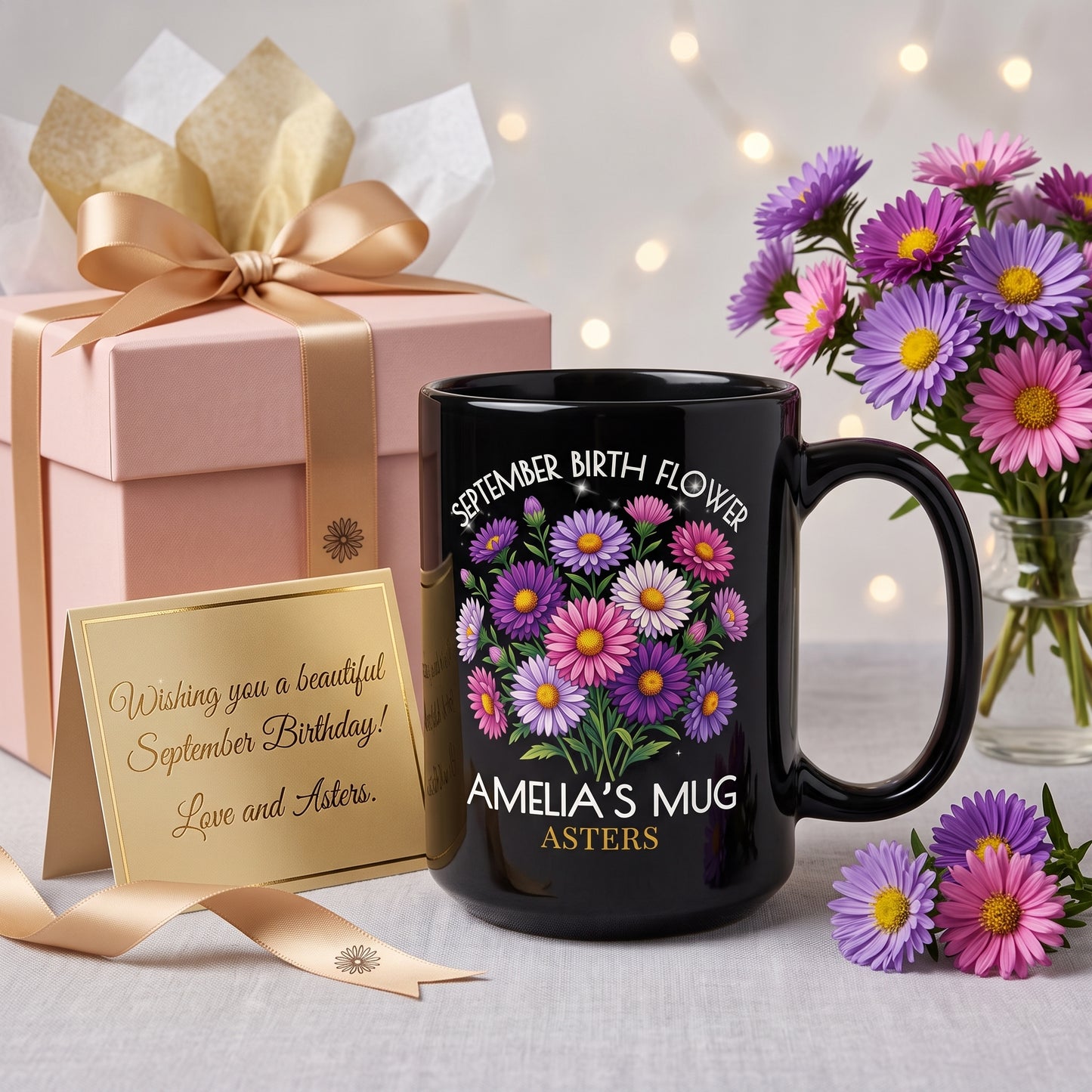 Personalized September Birth Flower Mug — Custom Name Aster Black Coffee Cup (11oz/15oz) - 14918